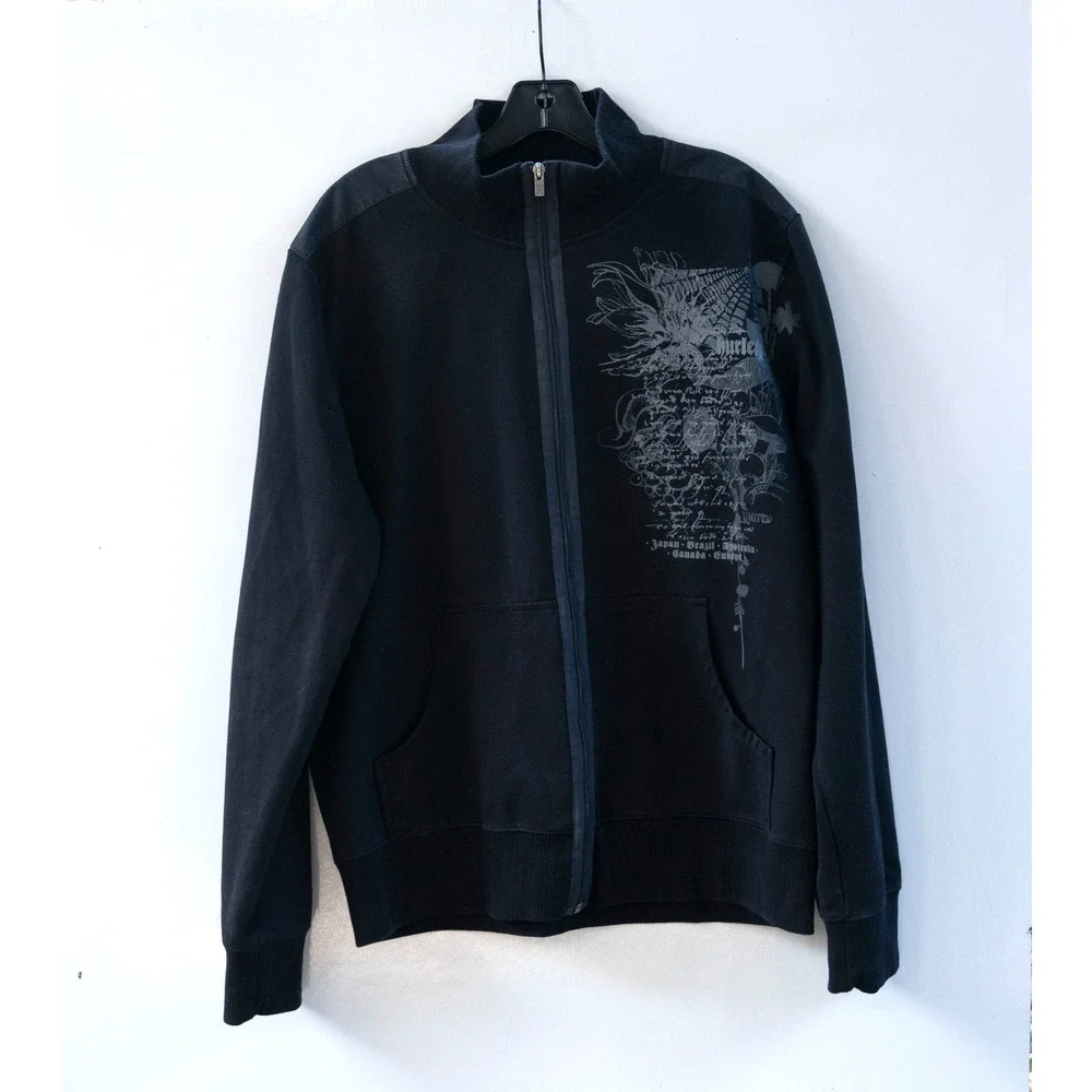 Hurley Y2K Men’s Black Graphic Track Type Jacket Full Zip Size Large